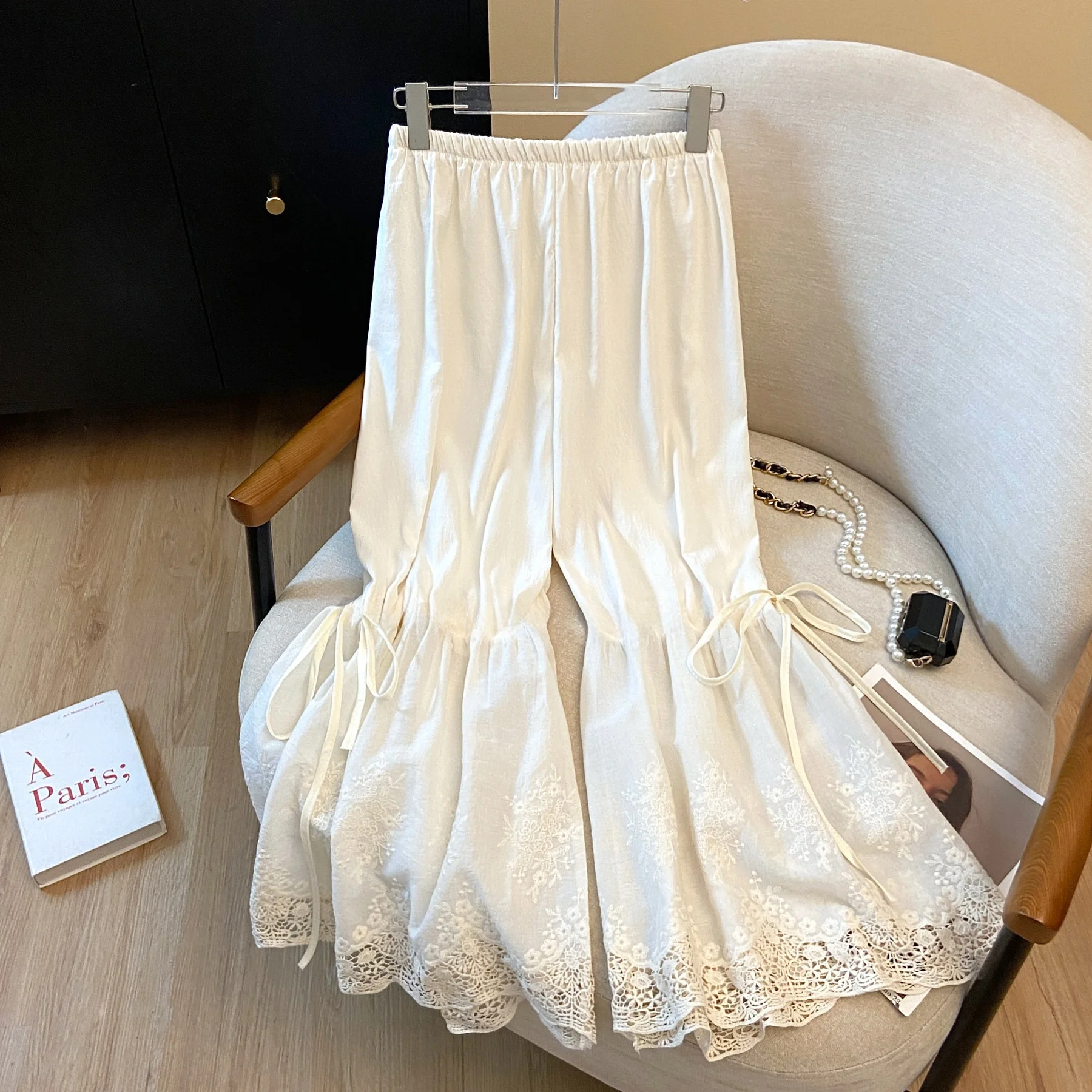 

Embroidered Lace Wide Leg Pants Cotton Linen Belted Women's Inner Wear Overlap Loose Long Trousers Underwear