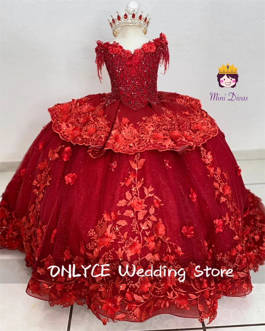 Luxury Red Flower Girl Dresses For Wedding Tulle Floral Applique Crystal Pearls Birthday Party Robe Vestidos Customized 