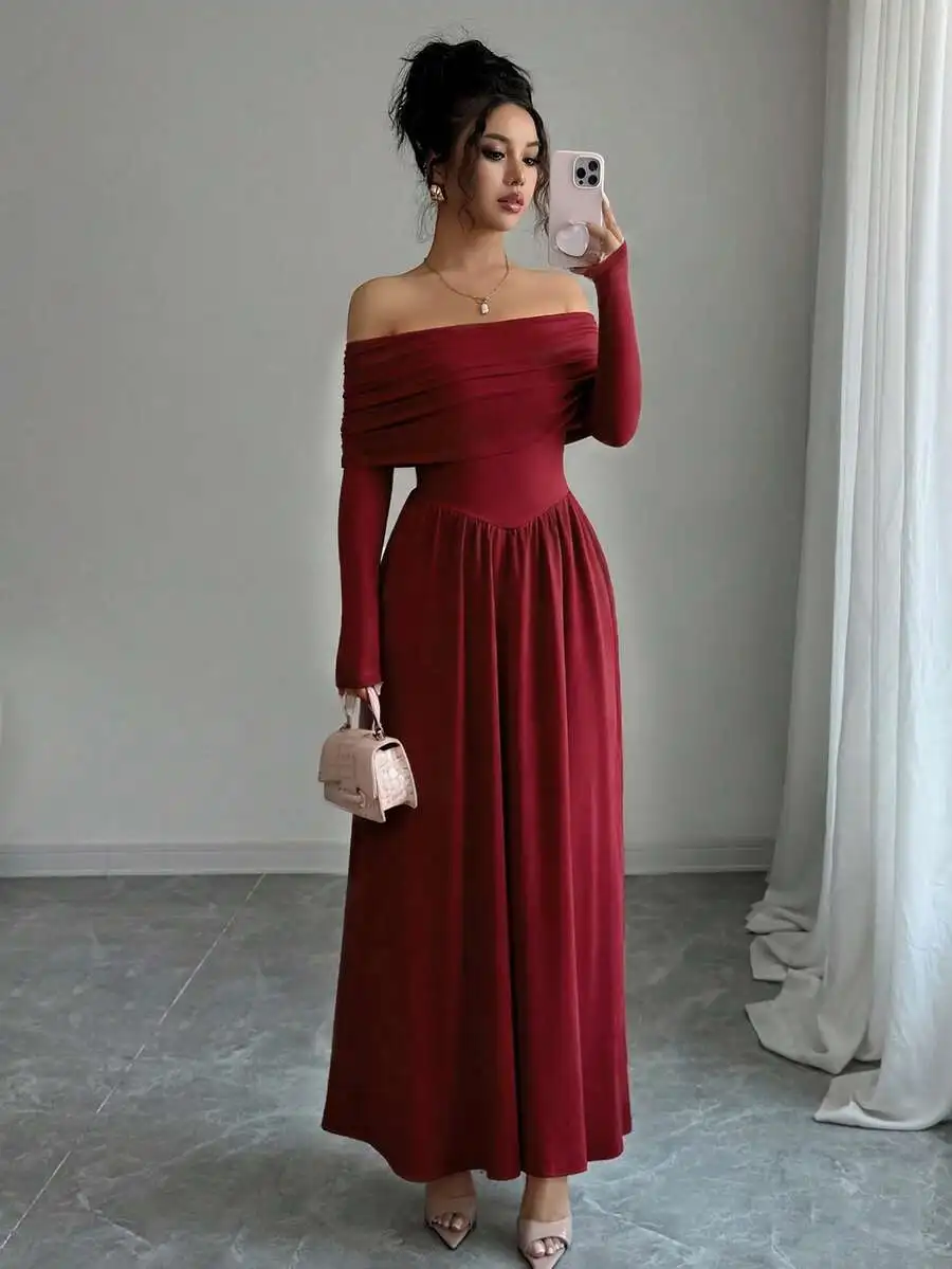 

Elegant Off Shoulder Solid Color Long Dress For Women