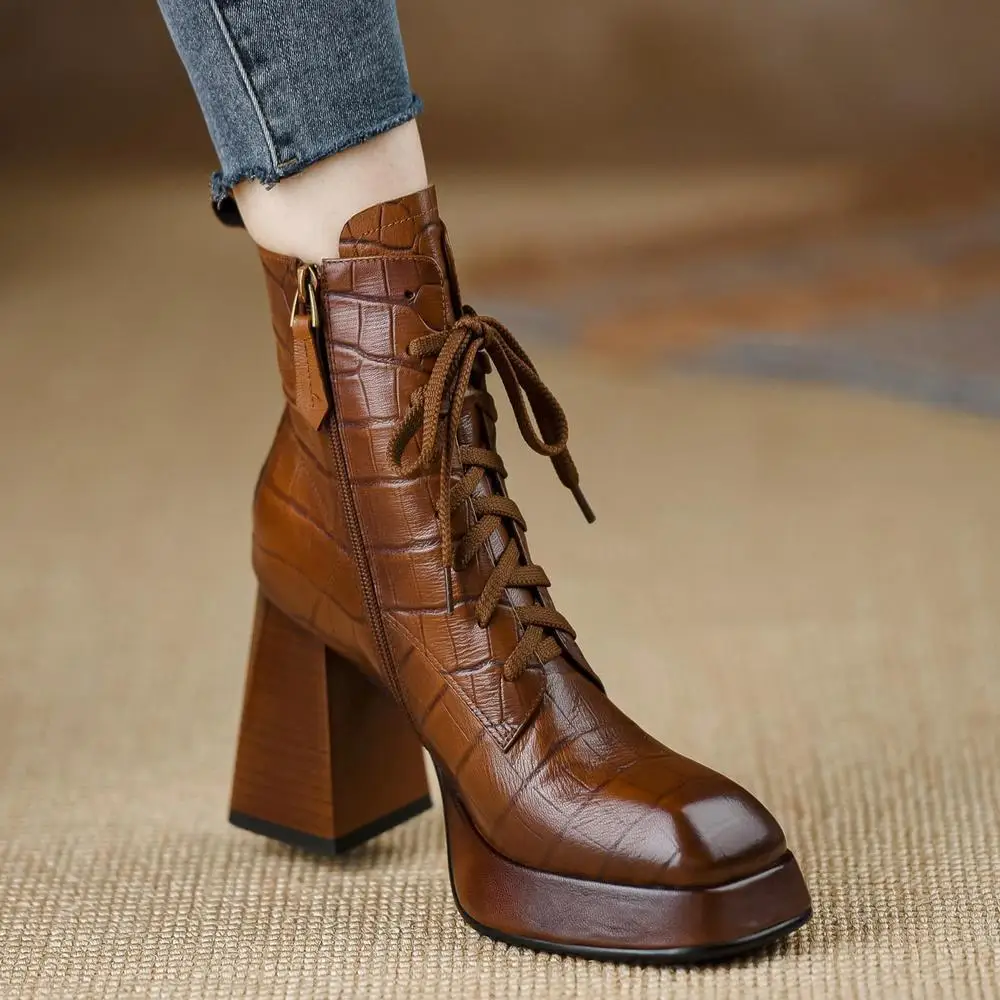 

Trendy Waterproof Platform ort Boots Women's Leather High Heels Chunky Heel Faion Boots Vintage Sle Winter oes
