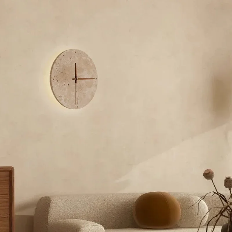Modern Creative Clock Living Room Wabi Sabi Wall Lamp Nordic Simple Yellow Travertine Restaurant Corridor Circular Sconce Light view 5