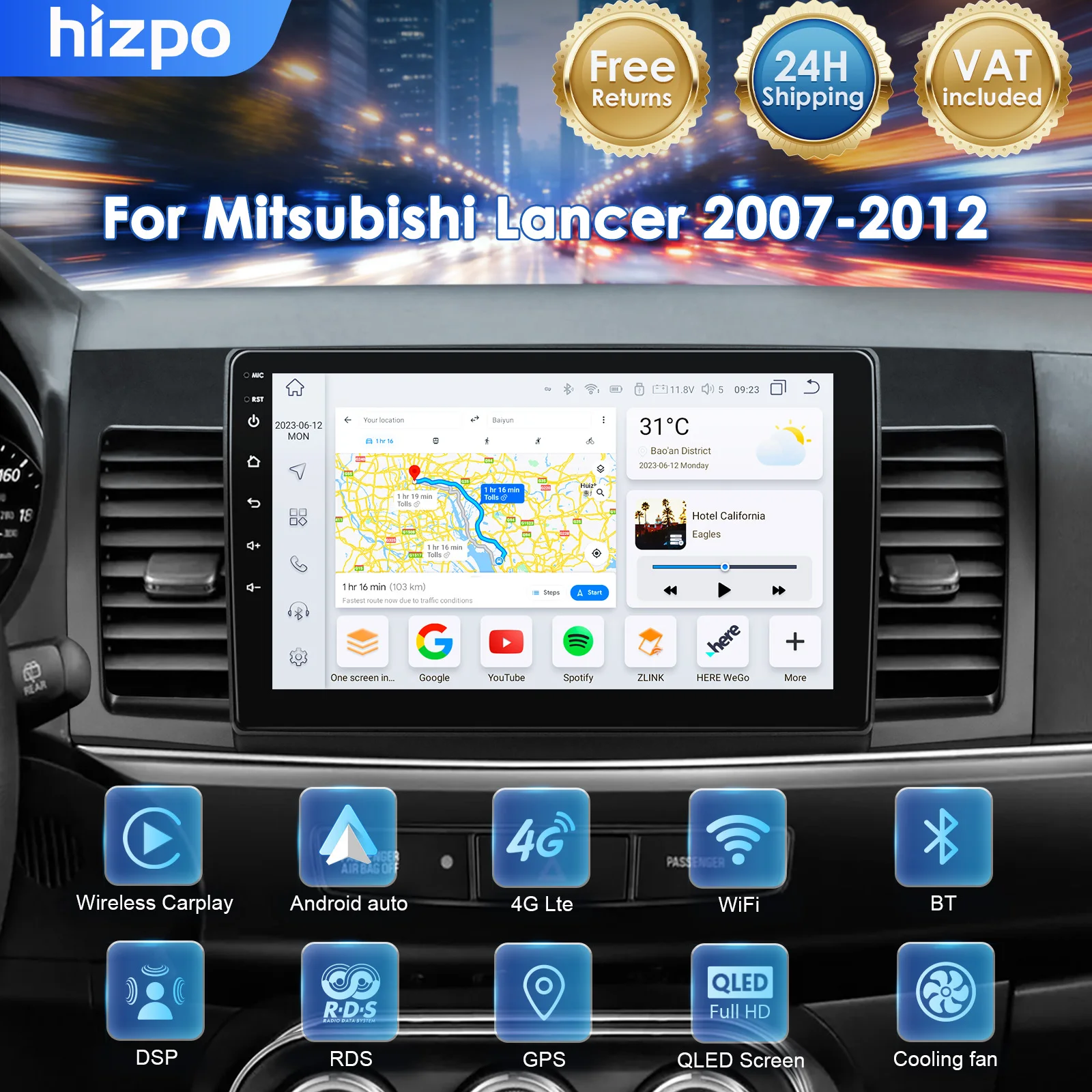 Hizpo per Mitsubishi Lancer 2007 - 2012, Autoradio Wireless CarPlay 2din Android Auto con GPS, RDS, WiFi, BT, 4G, Stereo Multimediale 8-CORE
