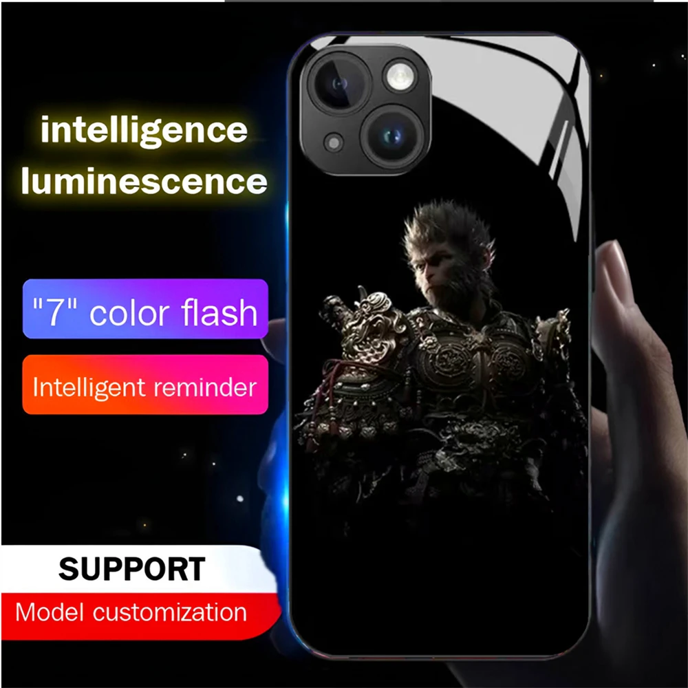 

Black WuKong Game Role Led Light Phone Case Call Flash Glitter Cover For iPhone 15 14 13 12 11 Pro Max X XR XS Plus 7 8 SE2020