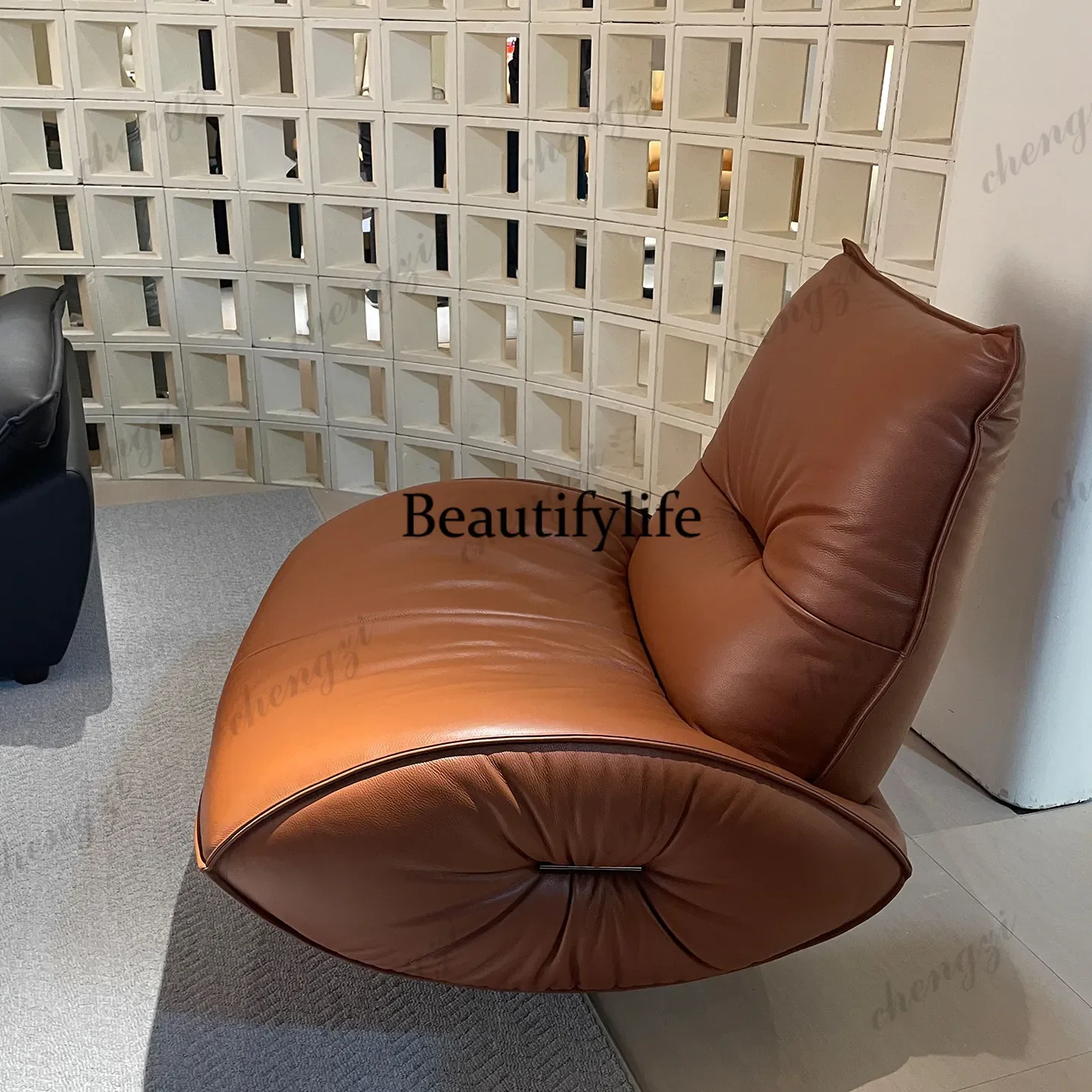 Italian first-layer cowhide single sofa chair leather, living room balcony casual, rotatable single chairA68
