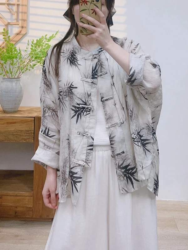 

Spring Summer Large Size Women's Long Sve Button up Stand Collar Bamboo Le Print Linen irt Sun Protection Cardigan