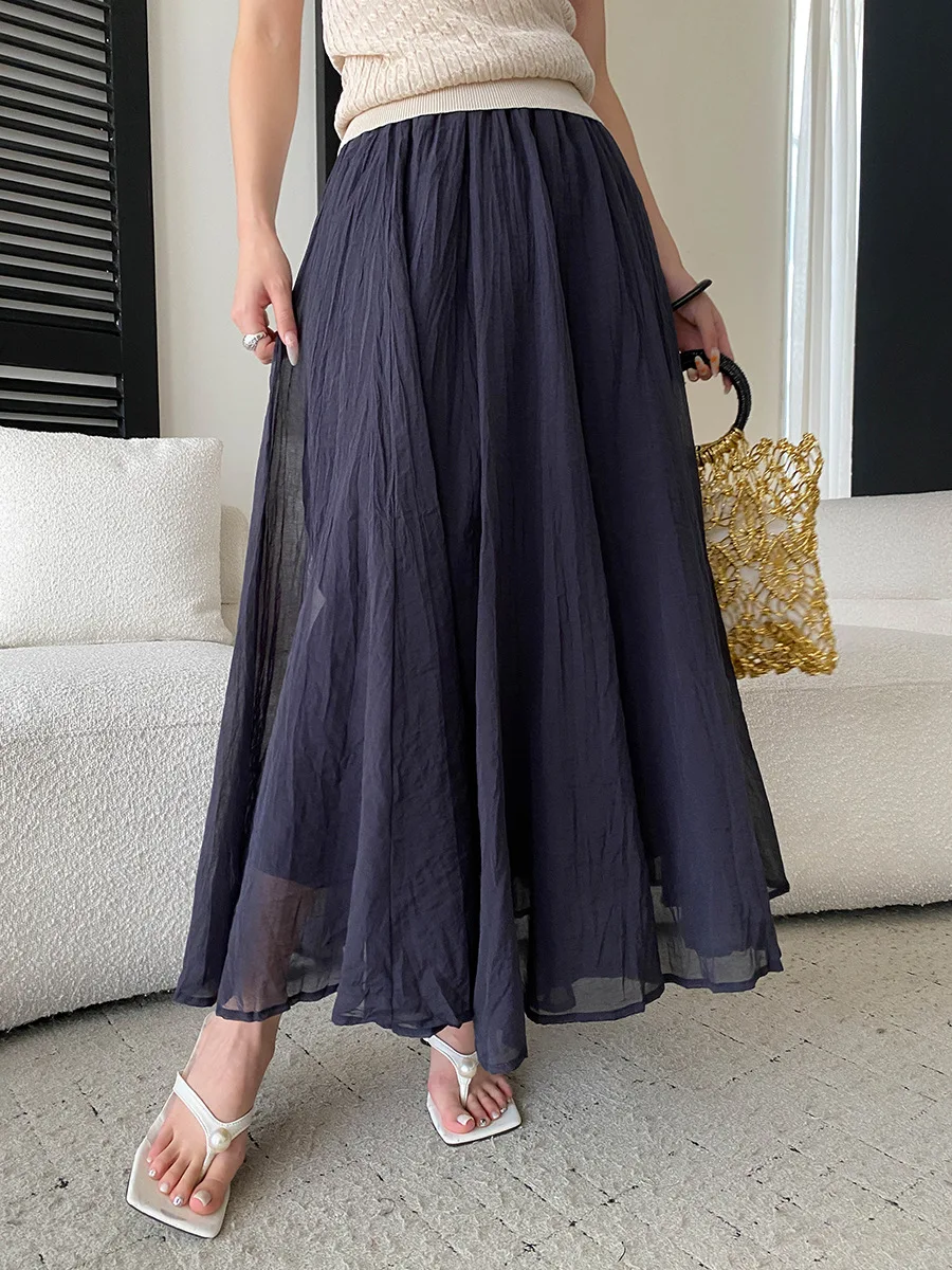 

Summer women's casual solid color pleated texture, elastic high waist slimming A-line yarn like skirt