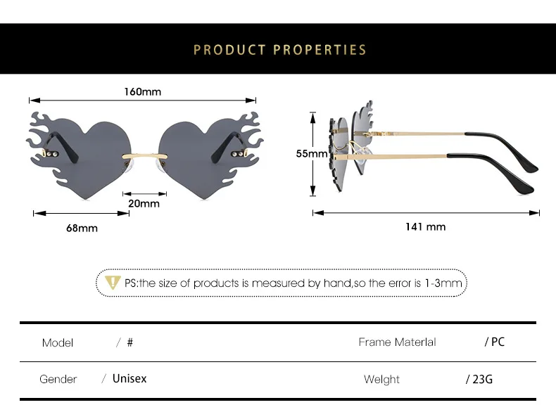 ใหม่ไม่มีกรอบแว่นตากันแดดหัวใจโลหะผู้หญิงผู้ชายเปลวไฟสีแว่นตากันแดดสําหรับผู้หญิงผู้ชายปาร์ตี้แว่นตาเดินทางแว่นตากันแดด