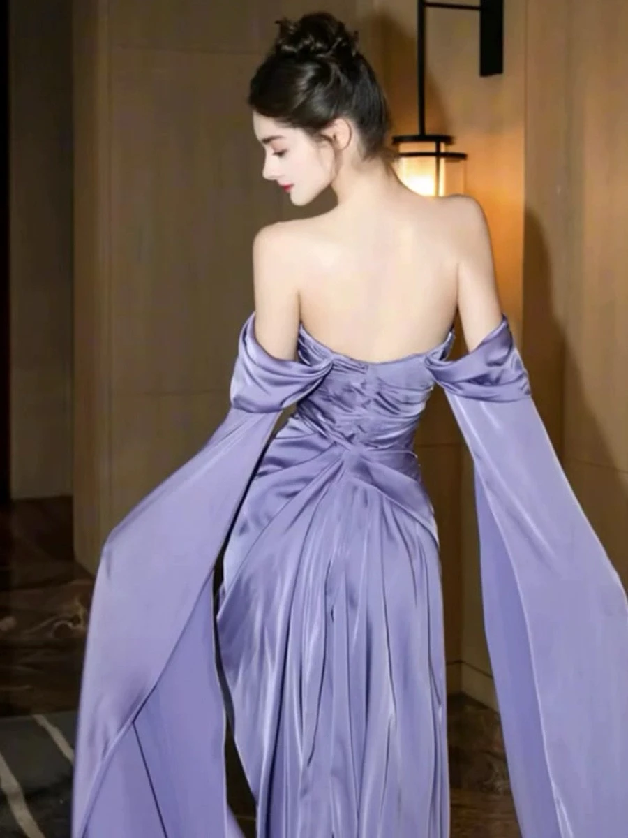 Purple Satin Bridesmaid Dresses Off the Shoulder Pleated Ruched Silk Backless Strapless Sexy Woman Prom Celebrity Gowns 2024