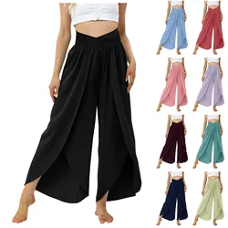 Women Boho Wide Leg Pants Cross Design Elastic High Waist Yoga Pants High Split Beach Wide Leg Pants Hippie Beach Casual Pants