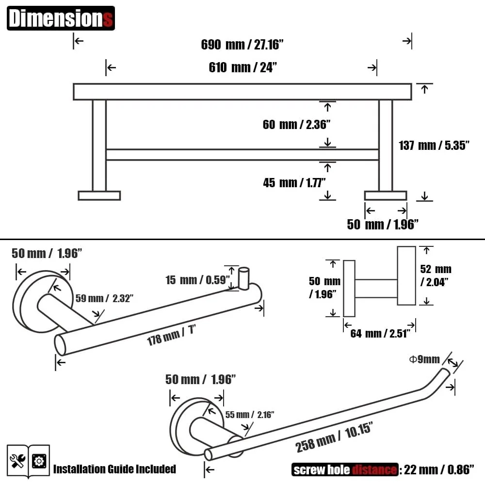 Conjunto de hardware de banheiro JQK, conjunto de acessórios de banho de 5 peças, suporte de parede preto fosco inclui barra de toalha de 24 polegadas, barra HT de 9 polegadas, suporte para TP,