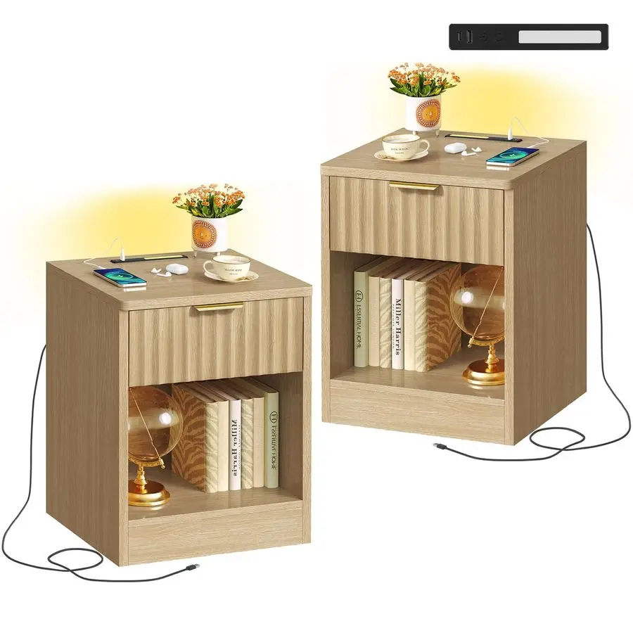 Fluted Nightstand Set of 2, Bed Side Table with Charging Station and LED Light, Night Stand with Storage Drawer and Open Shelf,