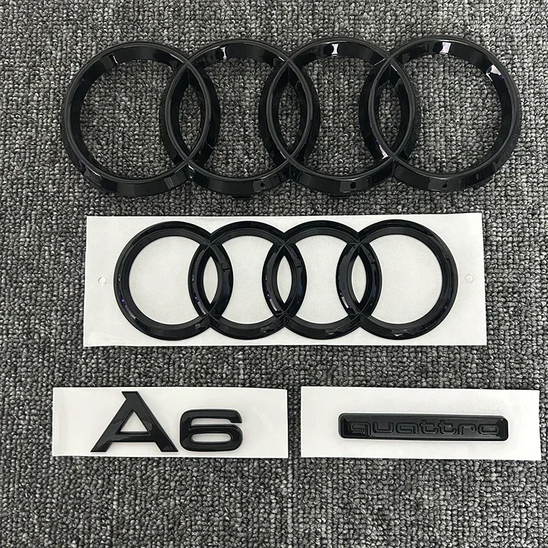 

AUDI A6 4 Ring logo ABS Black Car Hood Front Bonnet Grill Rear Trunk Emblem Sticker A6 mark Quarrto Emblem For A6 2020-2023
