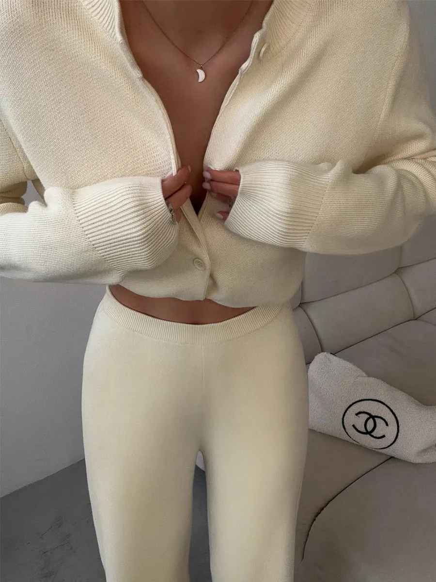 Bornladies Damen Neues Herbst-Winter-Strick-Cardigan-Hosen-Set, Schlanke Passform, Langarm, Lange Hose, Einfacher Einfarbiger Pullover-Anzug – Detail 14