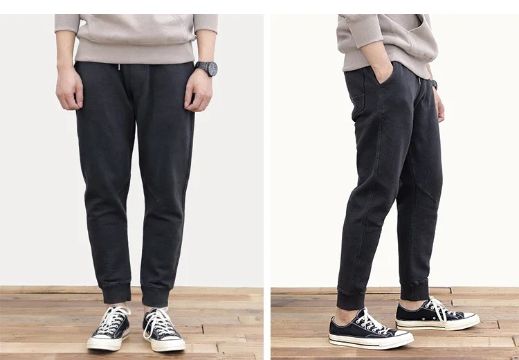 Heavy Knit Pants Men American Retro Distressed Drawstring Winter Fleece-Lined Sweatpants Casual Joggers Slim Fit Sweatpants M976