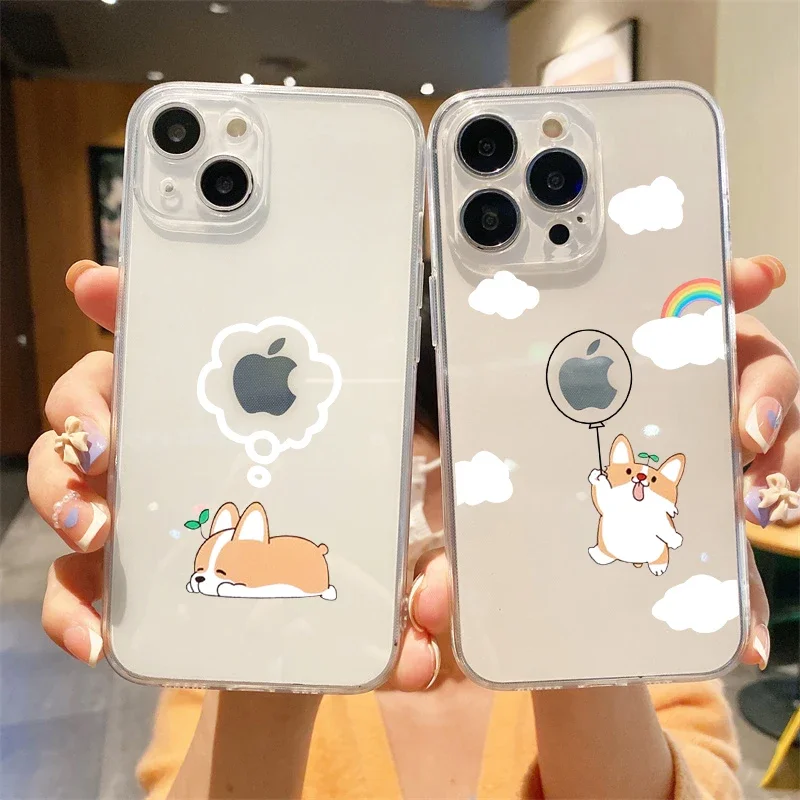 Funny Cartoon Animal Corgi Dog Couple Phone Case for IPhone 11 12 13 14 15 Pro Max Clear Soft Cover for Iphone XS XR 7 8 Plus SE