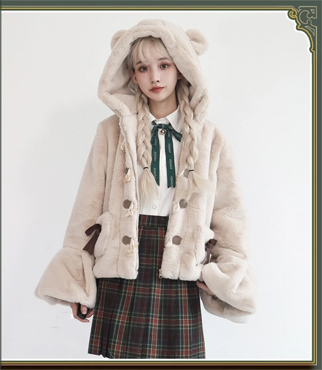 

Japanese College Style Lolita Cosplay Cute Girls Fluffy Bears Ears Coat Ribbon Bowknot Winter Warm Horn Buckle Hoodie Coat