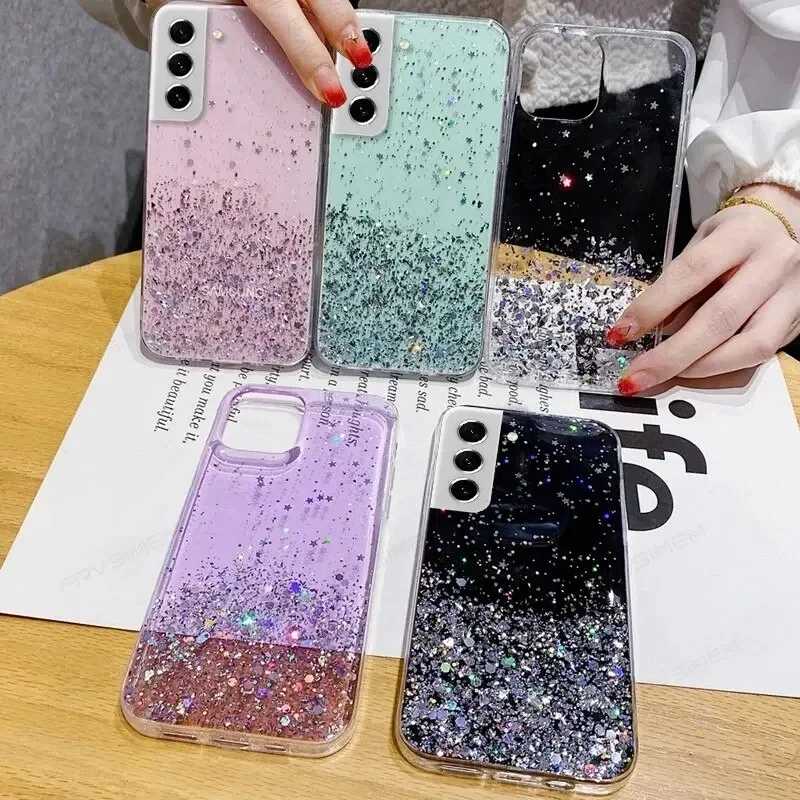 Clear Glitter Epoxy Phone Case For Samsung Galaxy S23 S22 S21 A53 A52 A32 Soft Cover