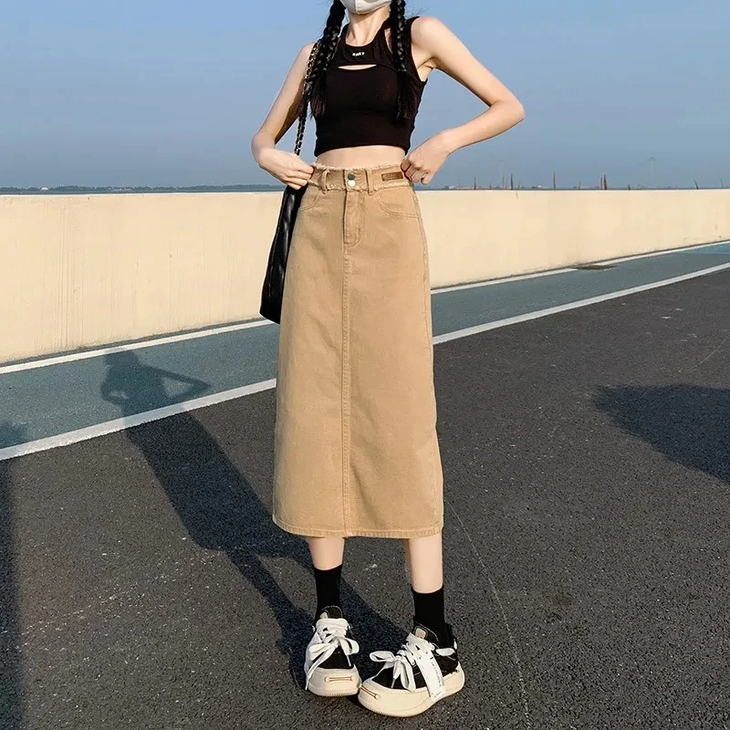 Candy color post-bifurcation Denim Skirt Women\'s 2023Summer New Korean Version Mid-length High-waisted Slim A-line Bag Hip Dress