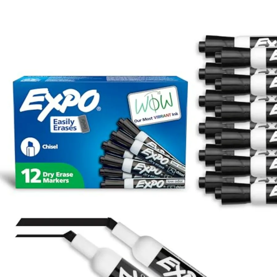 

Dry Erase Markers, Low Odor Ink, Black, Chisel Tip, 12 Count - Whiteboard, Calendar, Organization, Essential Supplies for Offic