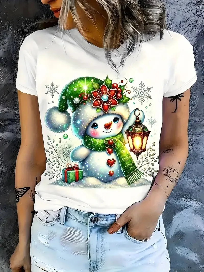 크리스마스 눈사람과 다람쥐 3D 프린트 여성 티셔츠 패션 크리스마스 테마 캐주얼 반팔 크리스마스 여성 의류