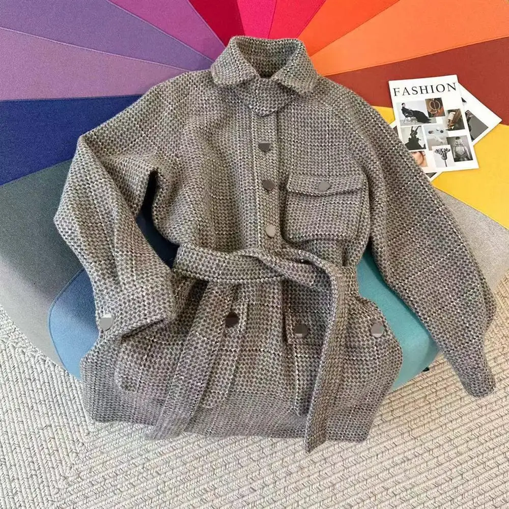 

Retro Tweed Skirt Suit with Collar Slimming Outer Grey South Oil Pattern Clean Fit Thickened Winter Women's Fashion