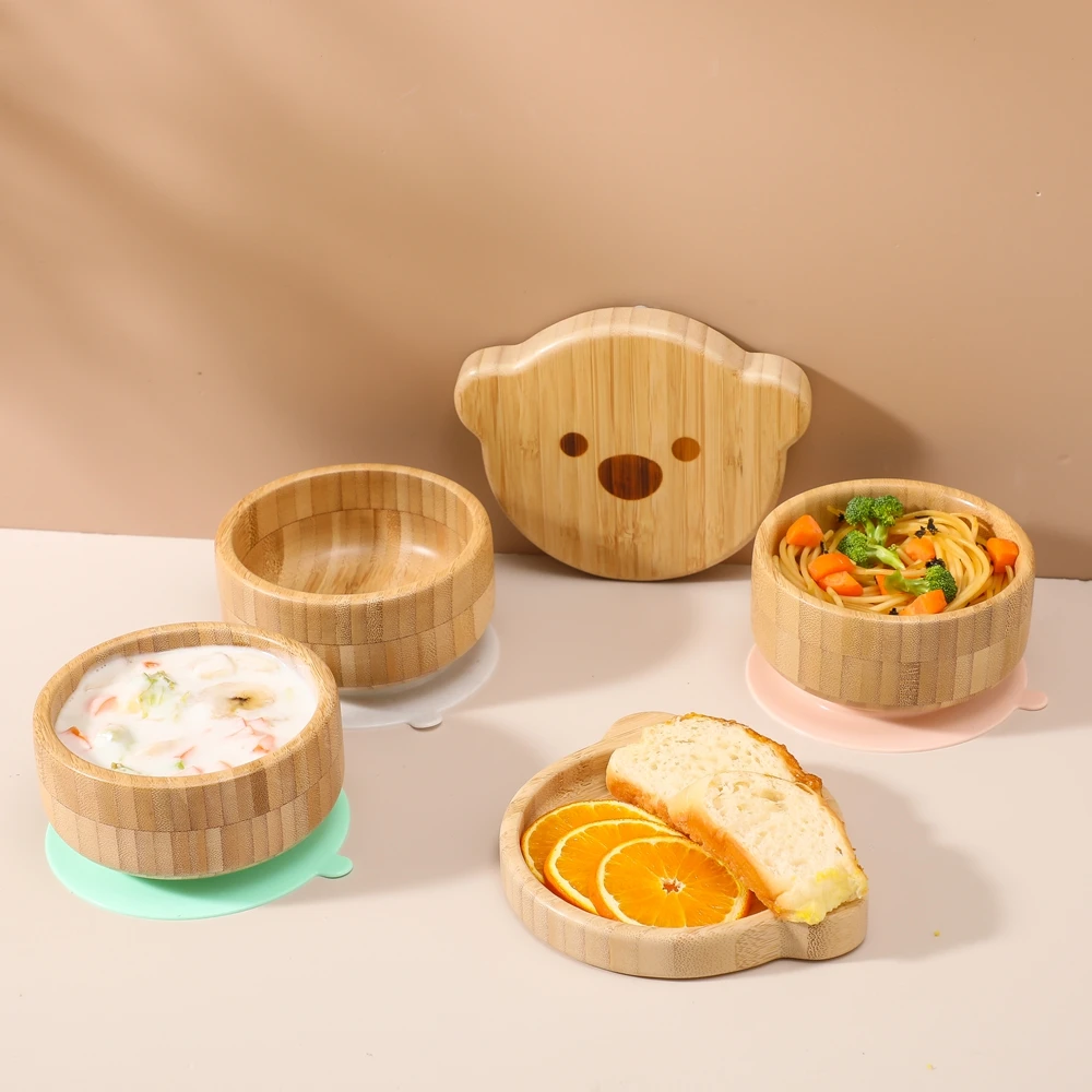 3 pçs conjunto de utensílios de mesa de alimentação do bebê de madeira silicone bpa livre crianças urso placa arco para crianças tigela de bambu com sucção