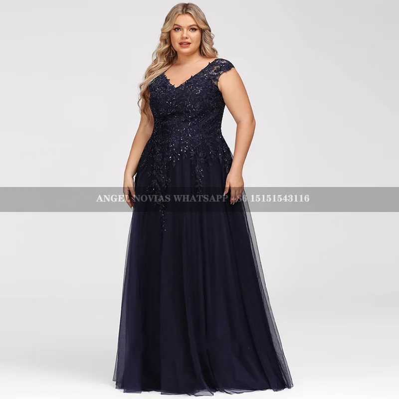 

Long Plus Size Navy Blue Mother of the Bride Dresses V Neckline Wedding Guest Dress vestidos de fiestas elegantes mujer