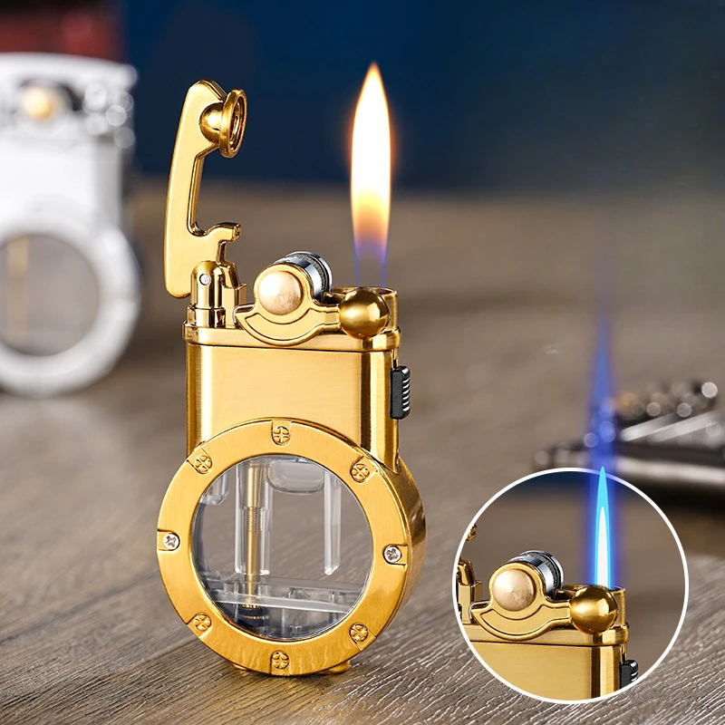 

New Rocker Arm Dual Fire Conversion Lighter Metal Windproof Transparent Vent Butane Inflatable Portable Lighter Men's Gift