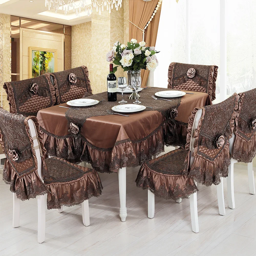 

Brown Luxury Lace Tablecloth Table Runner Premium Deerskin Fleece Bottom Table Cloth Chair Cover for Wedding Hotel Dinner Party