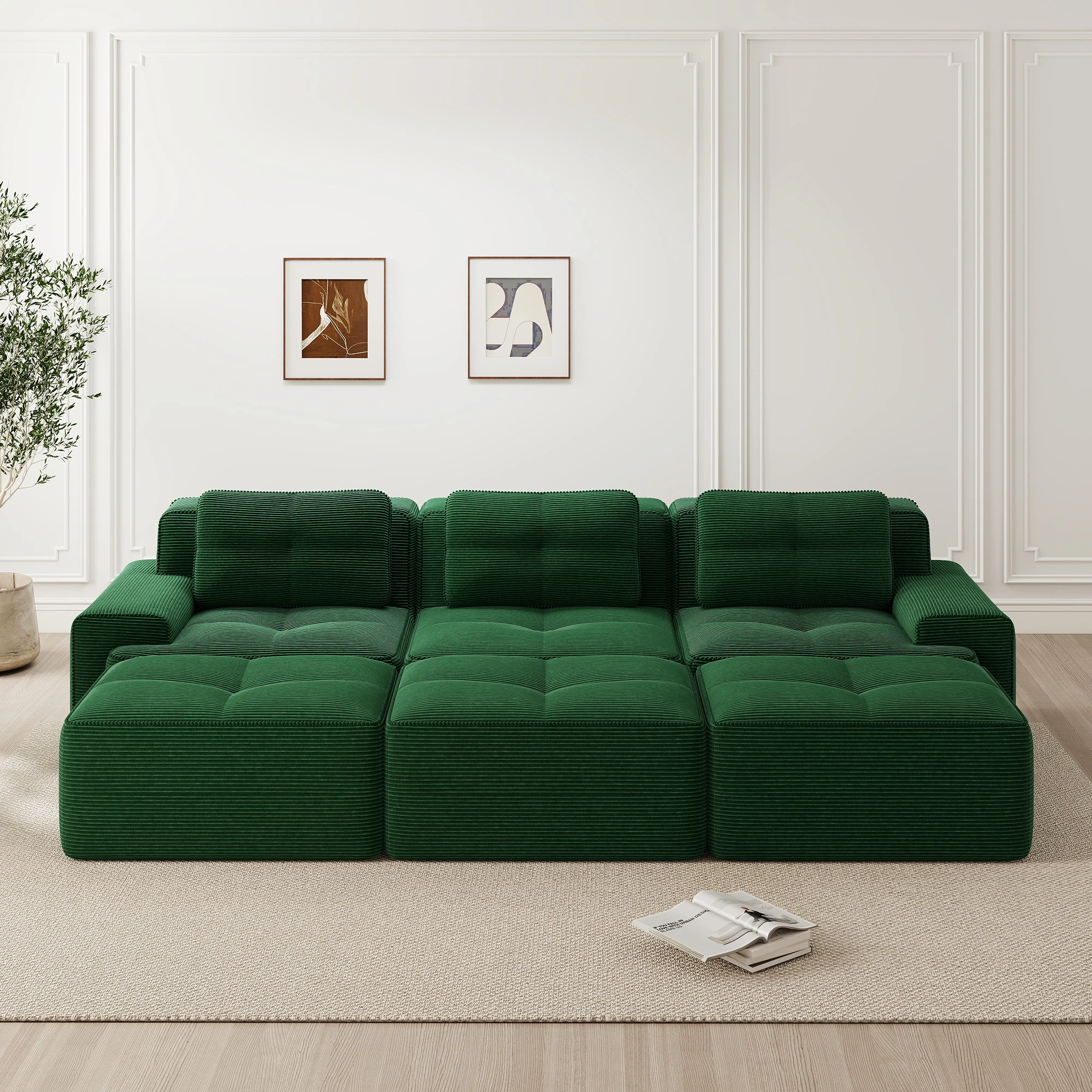 Canapé modulaire Cloud, canapé d'angle sans cadre avec fonction couchage, sectionnel 3 places avec 3 ottomanes, tissu chenille doux et adapté aux animaux, assise profonde, base antidérapante, mobilier de salon, vert