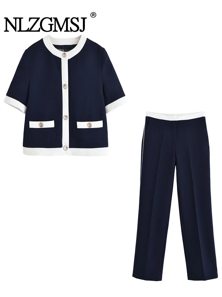 

2025 женский офисный наряд, блейзер, брюки, комплект контрастных цветов, пальто, длинные брюки, модные повседневные женские комплекты из 2 предметов