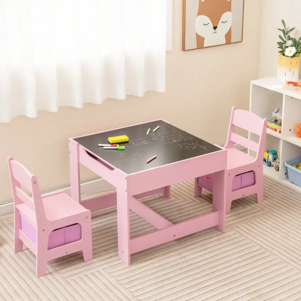 

Kids' Tables And Chairs Escritorio Para Niños3 In 1 Kids Wood Table Chairs Set W Storage Box Blackboard Drawing Pink