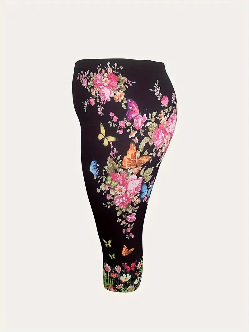 Floral print stretch slim elastic waist tight casual leggings capri pants for women