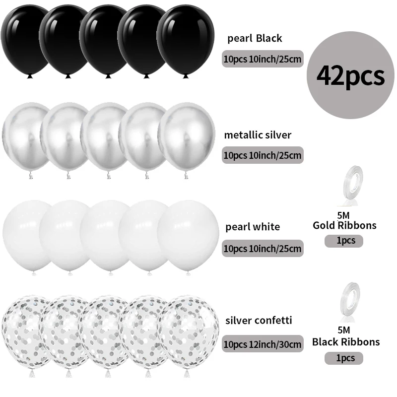 42pcs Silver Black White Confetti Latex Balloons Happy Birthday Party Decorations Kids Boy Girl Adult Wedding Globos Supplies