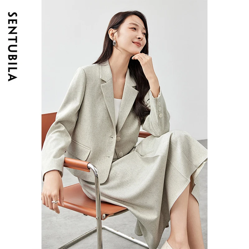 SENTUBILA Women Commute Blazer Skirt Suits Work Wear 2 Piece Outfits 2024 Autumn Linen Blend Cropped Blazer Skirt Sets 143Z56734