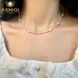 ASHIQI Glossy Broken Silver Natural Freshwater Pearl 925 Sterling Silver Necklace for Women