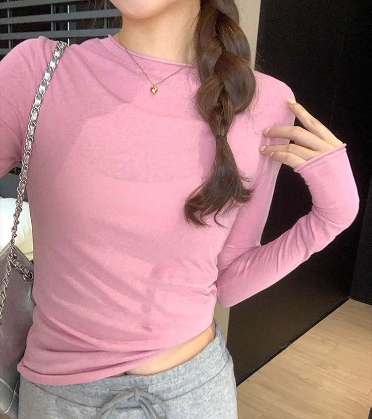 Spring Autumn T Shirt Women Tops Solid Long Sleeve Ruched O Neck Tshirts Female Korean Casual Streetwear High Quality Base Tees