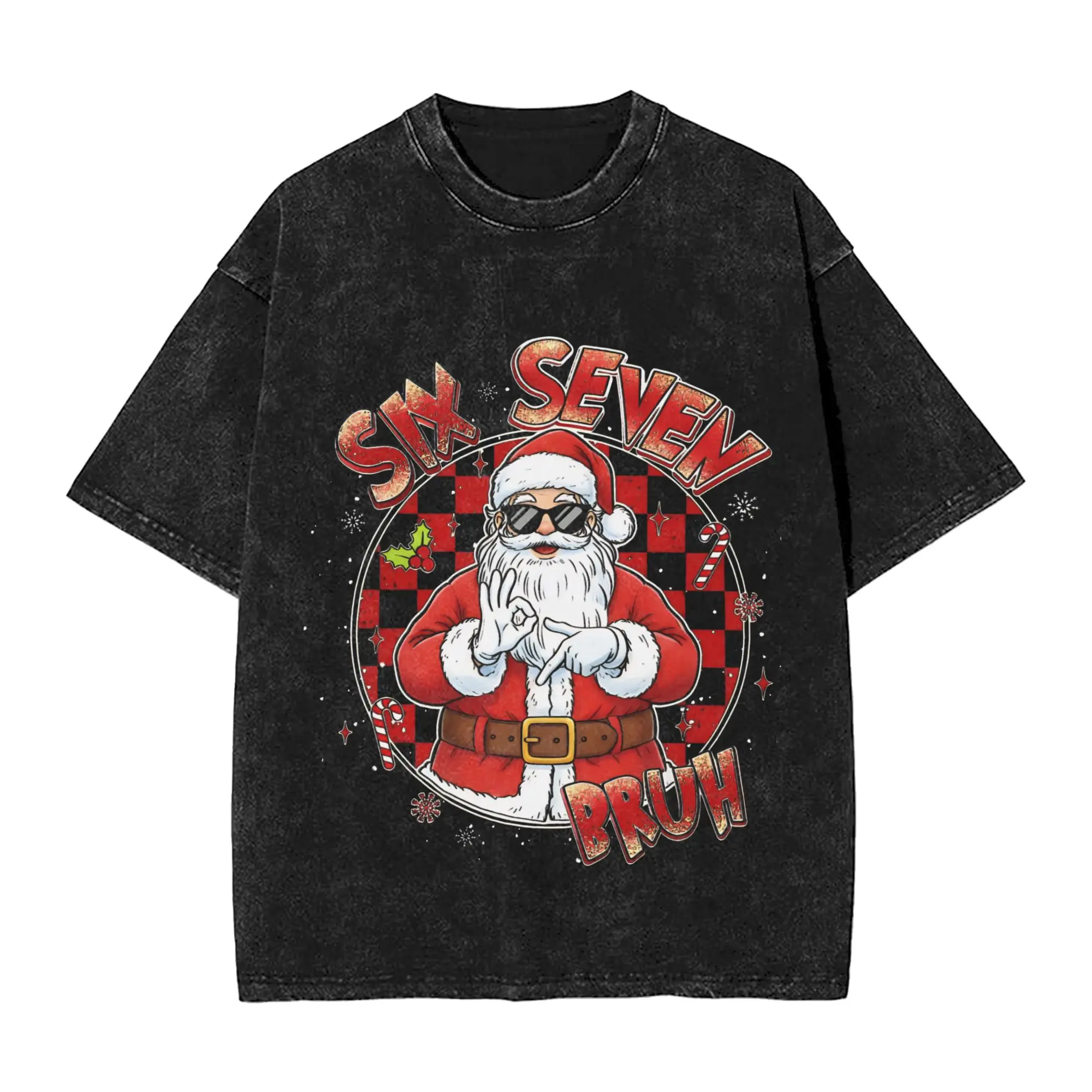 

funny Six Seven 67 Meme 6 7 Elf Santa Christmas Pajamas Washed T Shirt Streetwear Hip Hop T-Shirts Tees Tops for Men Women