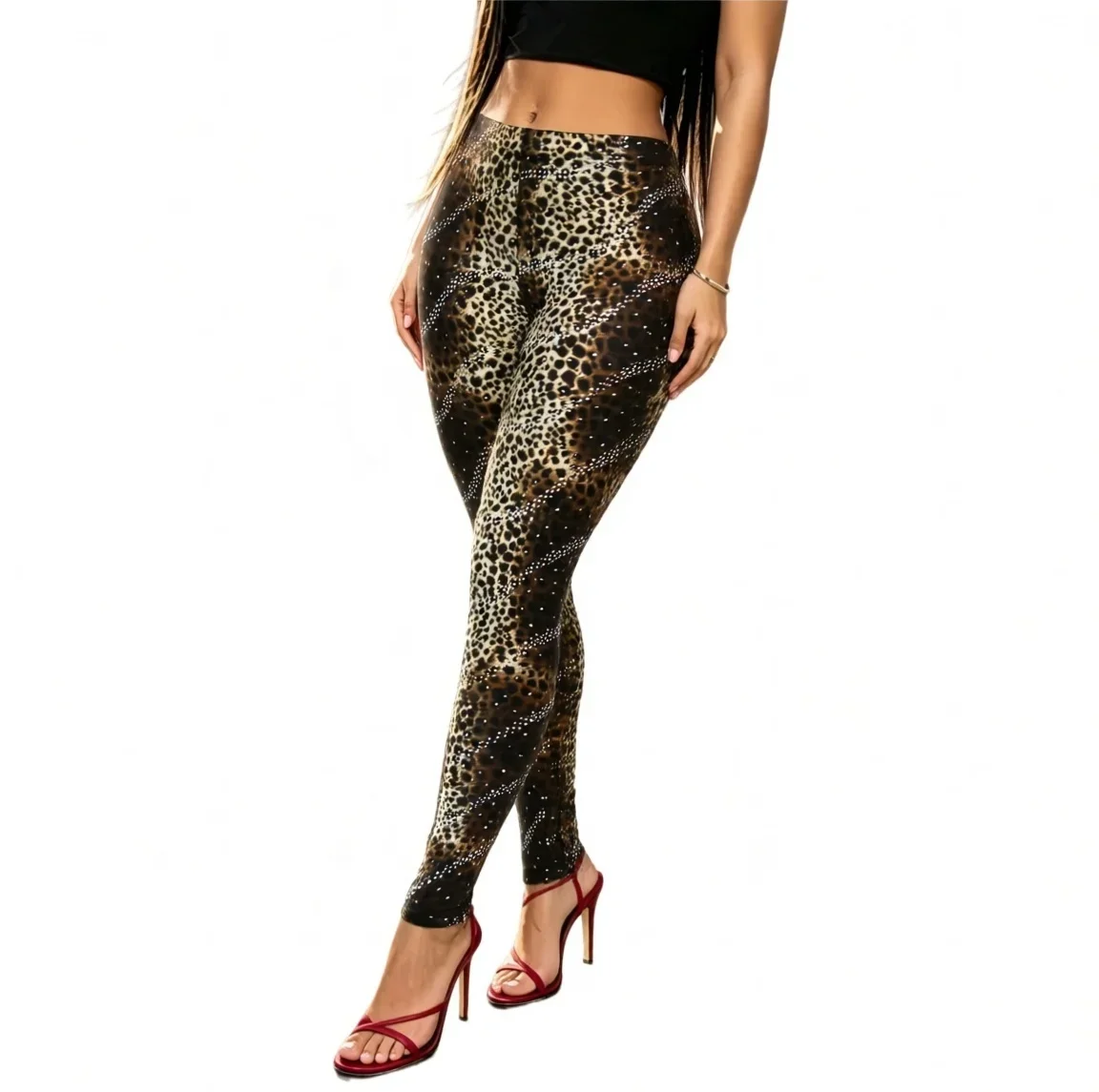 Womens Brown Leopard Print Leggings High Waist Stretchy Slim Fit Pants