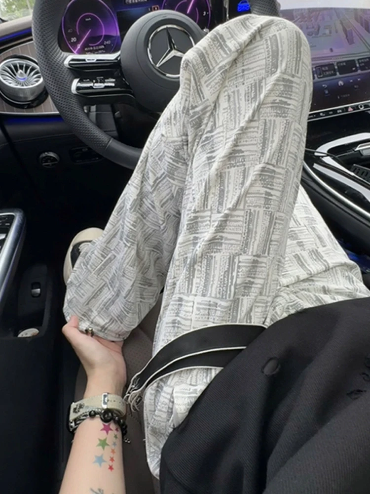 

Мужские летние тонкие брюки American Sle в клетку с эффектом тай-дай из ледяного шелка, повседневные, прямого кроя, со средней/низкой талией, не требующие глажки