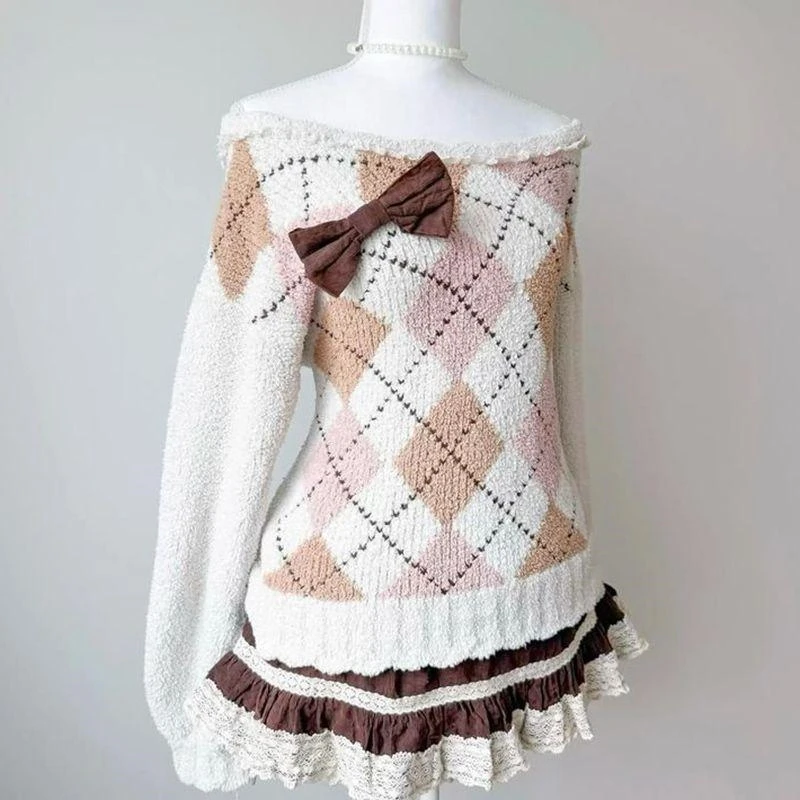 

Вязаный топ с рюшами и открытыми плечами в клетку, сексуальный и милый, для женщин, осень-зима, для свиданий, вечеринок, уличной моды, в подарок