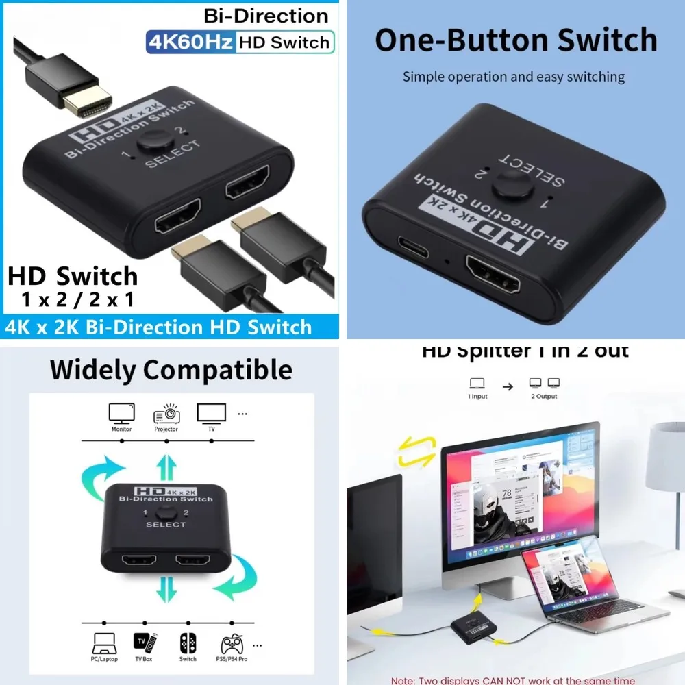

4K@60Hz 2-Port HDMI Bi-Directional Switch Splitter for Laptop PC PS4 TV Box Monitor Projector