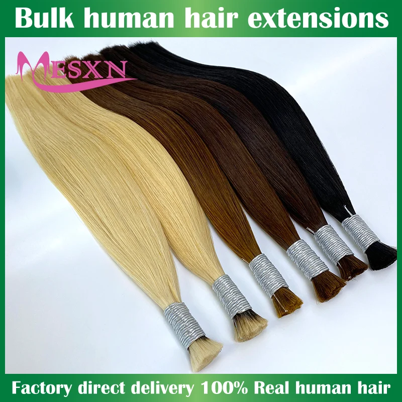 MESXN Bulk Hair Extensions 100% Real Human Hair  Straight 16-26inch Black Brown Blonde 613 Color for Women For salon