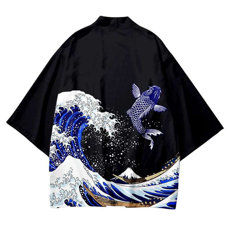 

Black Kimono Cardigan Women Men Japanese Obi Male Yukata Men's Haori Japanese Wave Carp Print Coat Japan Traditional Clothing