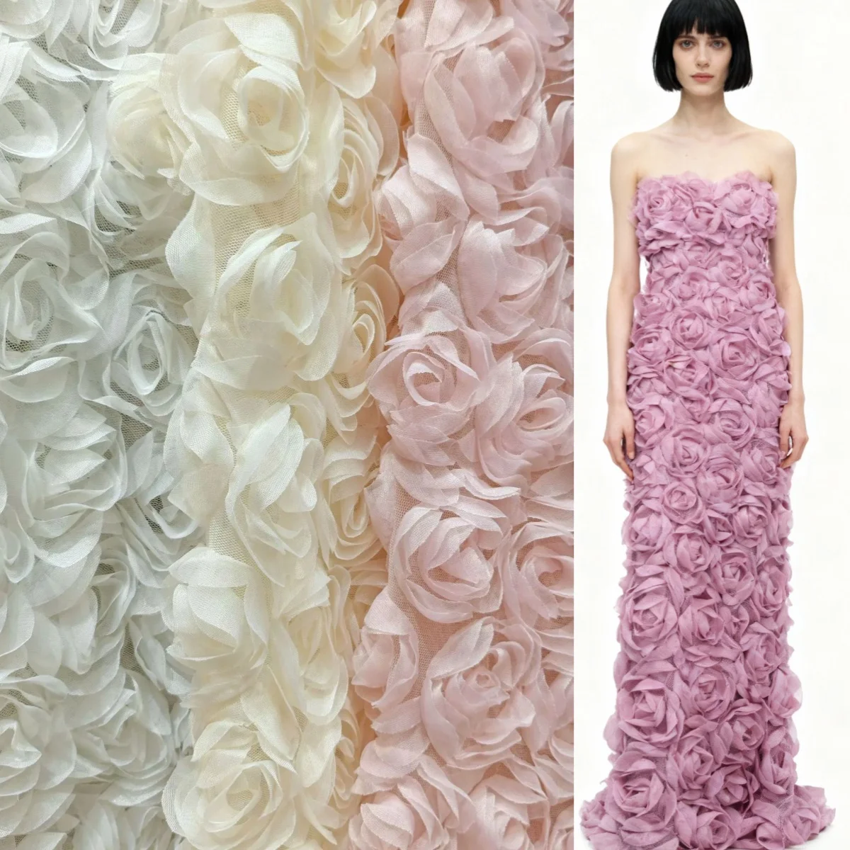 

White pink three-dimensional flower jacquard wedding dress semi transparent fabric sewn dress solid color design fabric