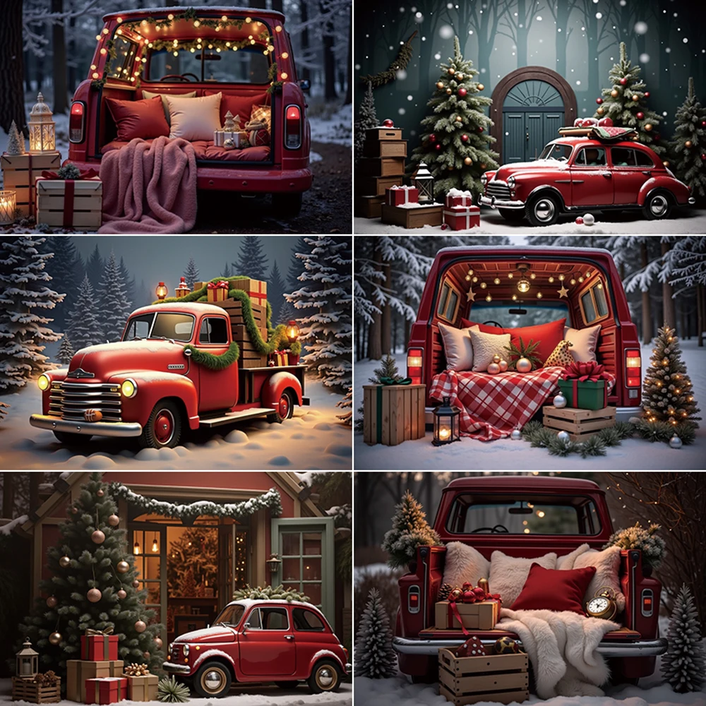 

MOON.QG Christmas 2025 Photography Background Red Truck Winter Snow Photozone Backdrop Children Photo Studio Photobooth Supplies