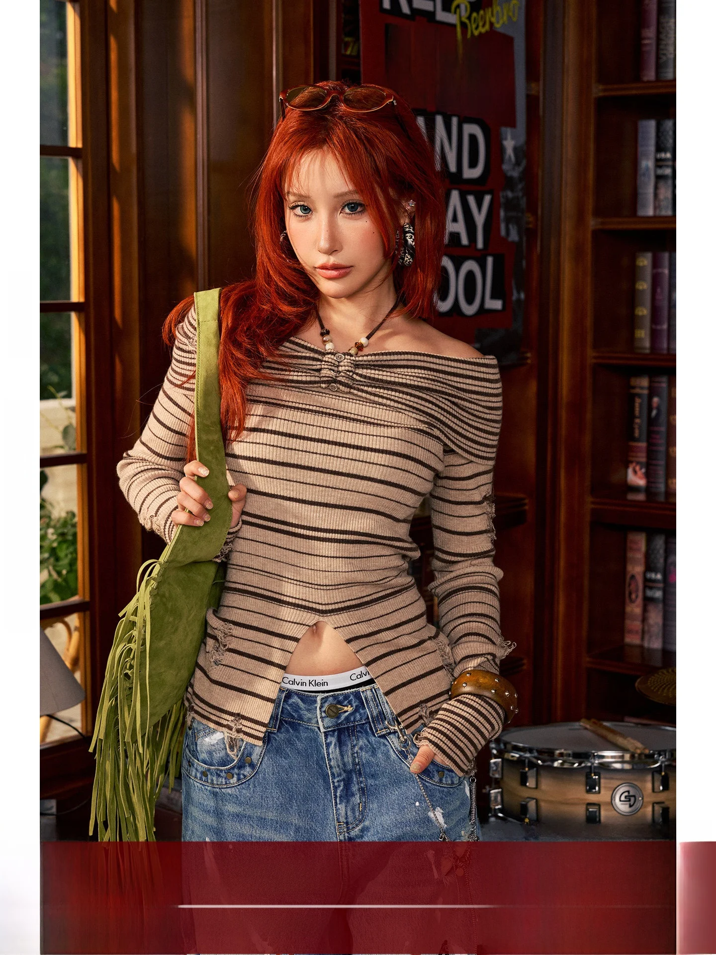 

BeerBro Rock Book Bar Wear-Resistant American Style Slim Fit Striped Sweater Women's Hanging Neck Rope Shoulder One-Word Stre...