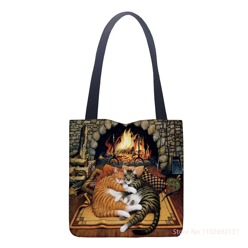 Oil Painting Cat Shopping Bag Eco Reusable Female Tote Bag College Handbag Retro Large Ladies Shoulder Shopper Bags