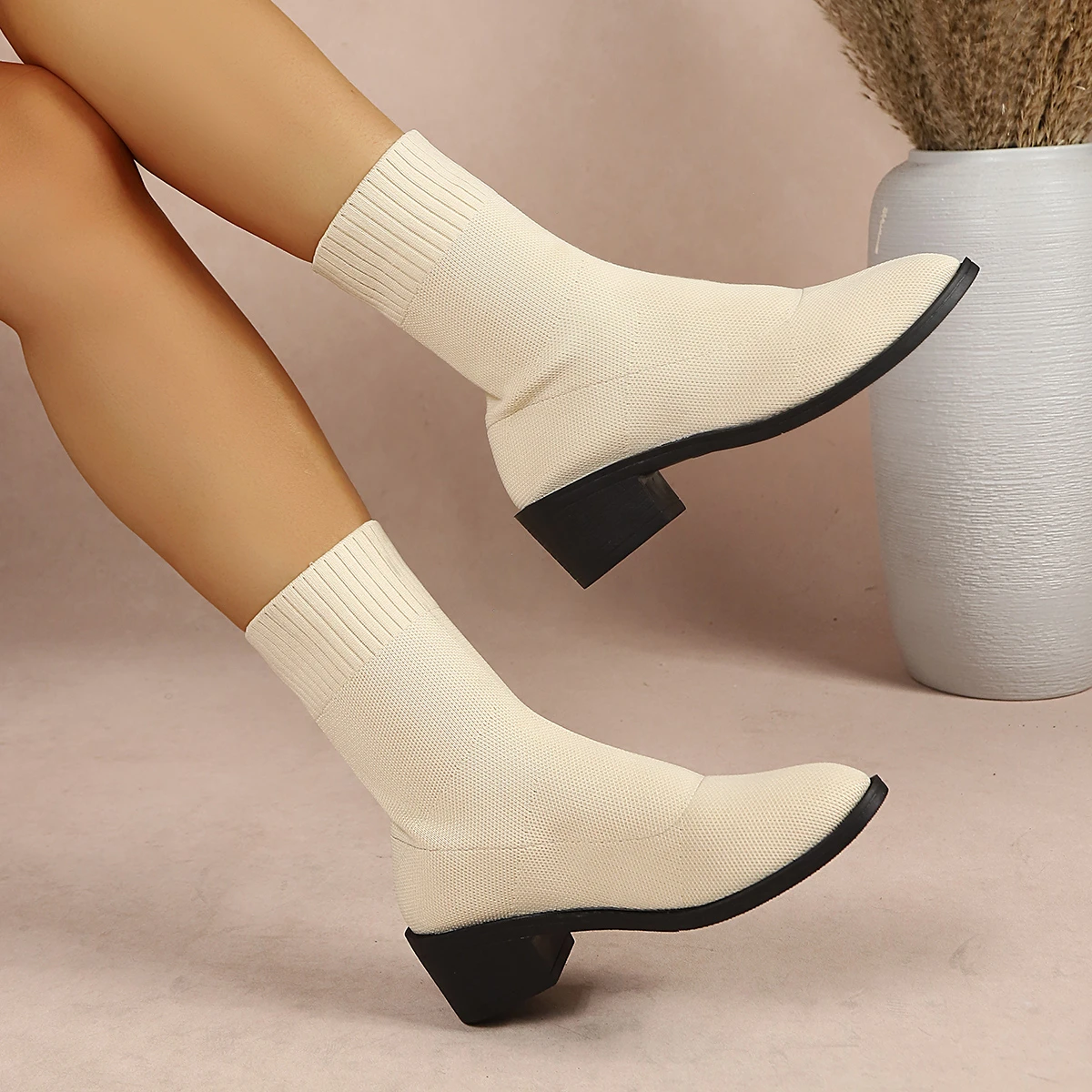 Women Knit Stretch Sock Ankle Boots Round Toe Block Heel Slip On Booties