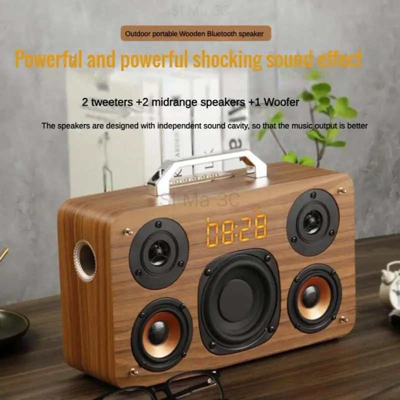 M300 Wooden Wireless Surround Sound Bluetooth Speaker 40W Deep Bass Portable Wired Microphone Karaoke Subwoofer with Alarm Clock